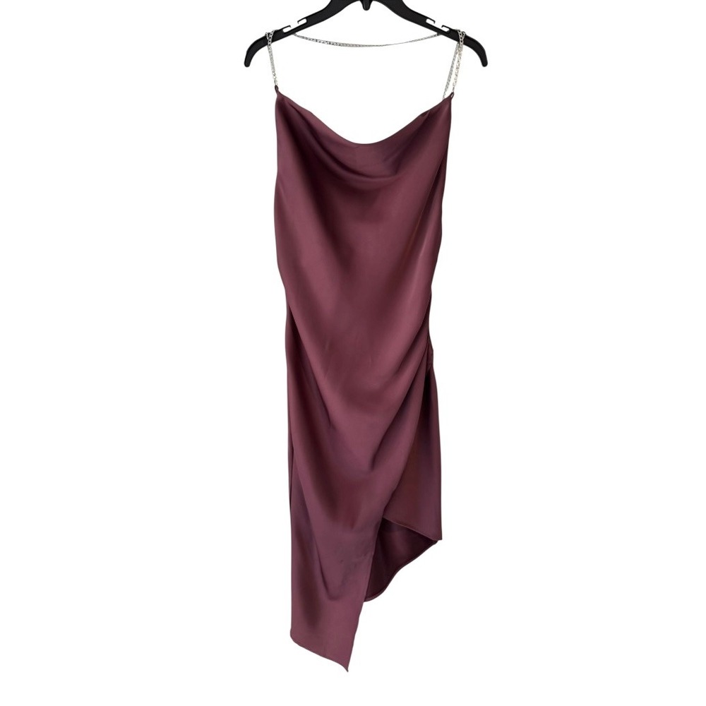Bella Mae Women's Plum Purple Satin Cowl Neck Chain Strap Asymmetrical Dress